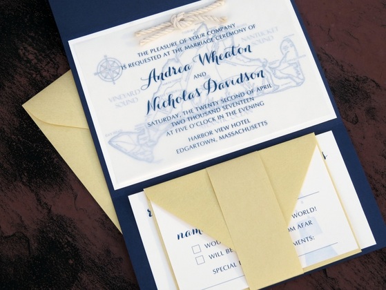 navy gold shimmer nautical knot map martha's vineyard wedding invitation
