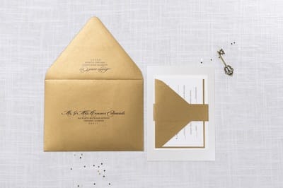 Elegant and Formal Luxury Wedding Invitation in Champagne, Gold Foil, and Ivory with Belly Band - Chicago Wedding Invitations