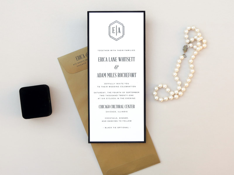 Art Deco Gatsby Wedding Invitation Black Velvet Pocket Invite Black Tie Wedding Modern Minimalist Monogram Long Narrow
