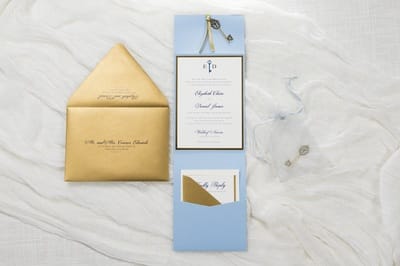 elegant and formal pale blue, antique gold, and ivory pocket fold wedding invitation with vintage key charm - pale blue, serenity blue, ivory, antique gold, and gold foil - chicago wedding invitations