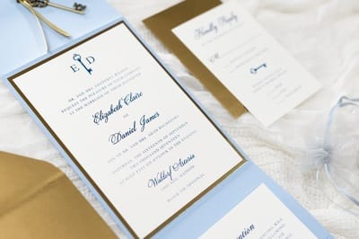 elegant and formal pale blue, antique gold, and ivory pocket fold wedding invitation with vintage key charm - pale blue, serenity blue, ivory, antique gold, and gold foil - chicago wedding invitations