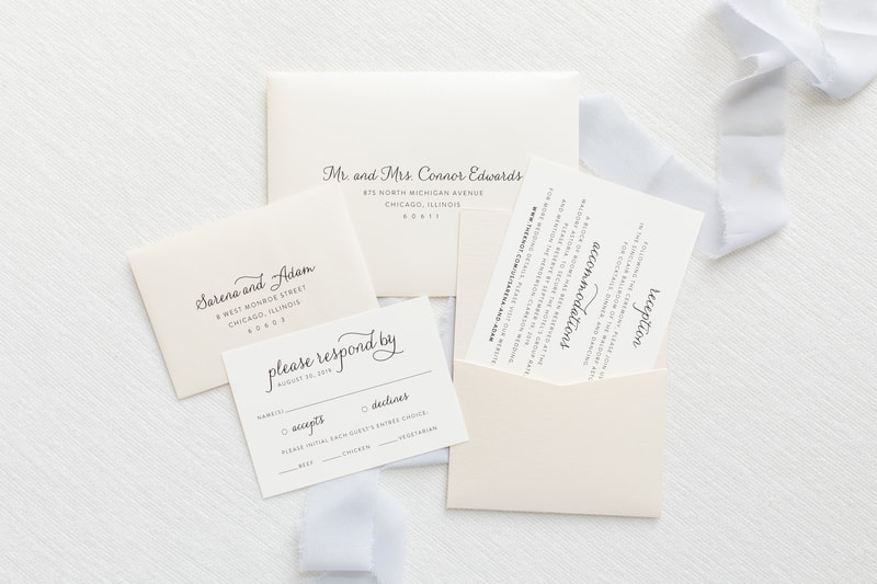 elegant and formal panel pocket wedding invitation in opal shimmer, ivory, and champagne