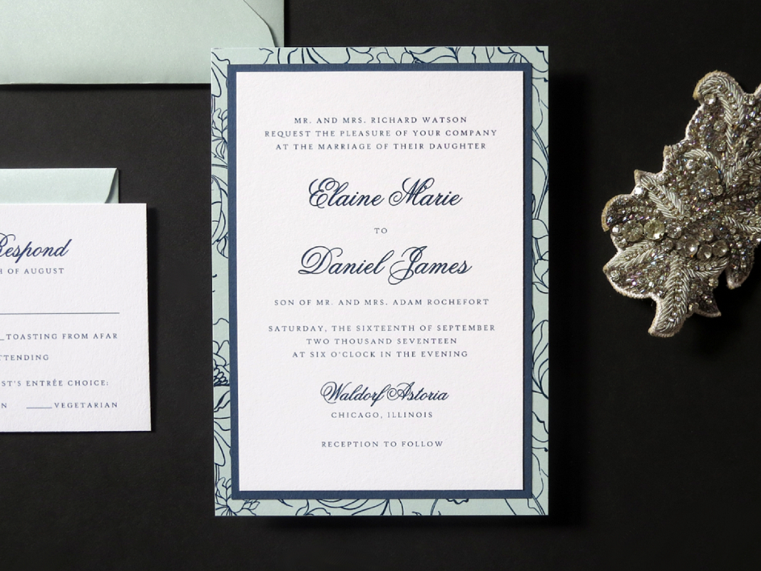 ELEGANT AND FORMAL DELICATE FLORAL DESIGN LAYERED WEDDING INVITATION IN WHITE, AQUA, AND NAVY WITH ENVELOPE LINER