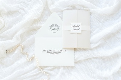 elegant & formal layered gatefold wedding invitation in cream, ivory, opal / champagne shimmer with ribbon belly band and monogram square - chicago wedding invitations