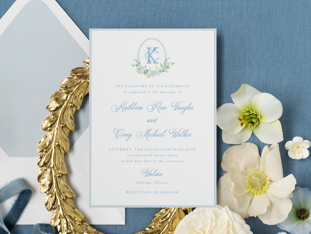 Elegant Formal Layered Wedding Invitation with Floral Antique Monogram Crest - Cool Pale Blue White Hydrangea Spring Garden Wedding