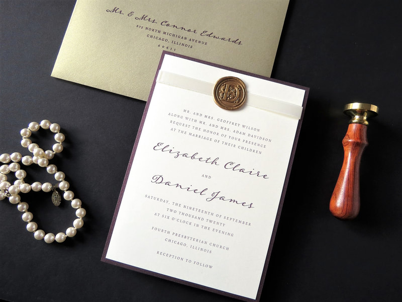 elegant and formal wax seal wedding invitation in ivory, gold, and merlot metallic with ribbon and wax seal embellishment - chicago wedding invitations