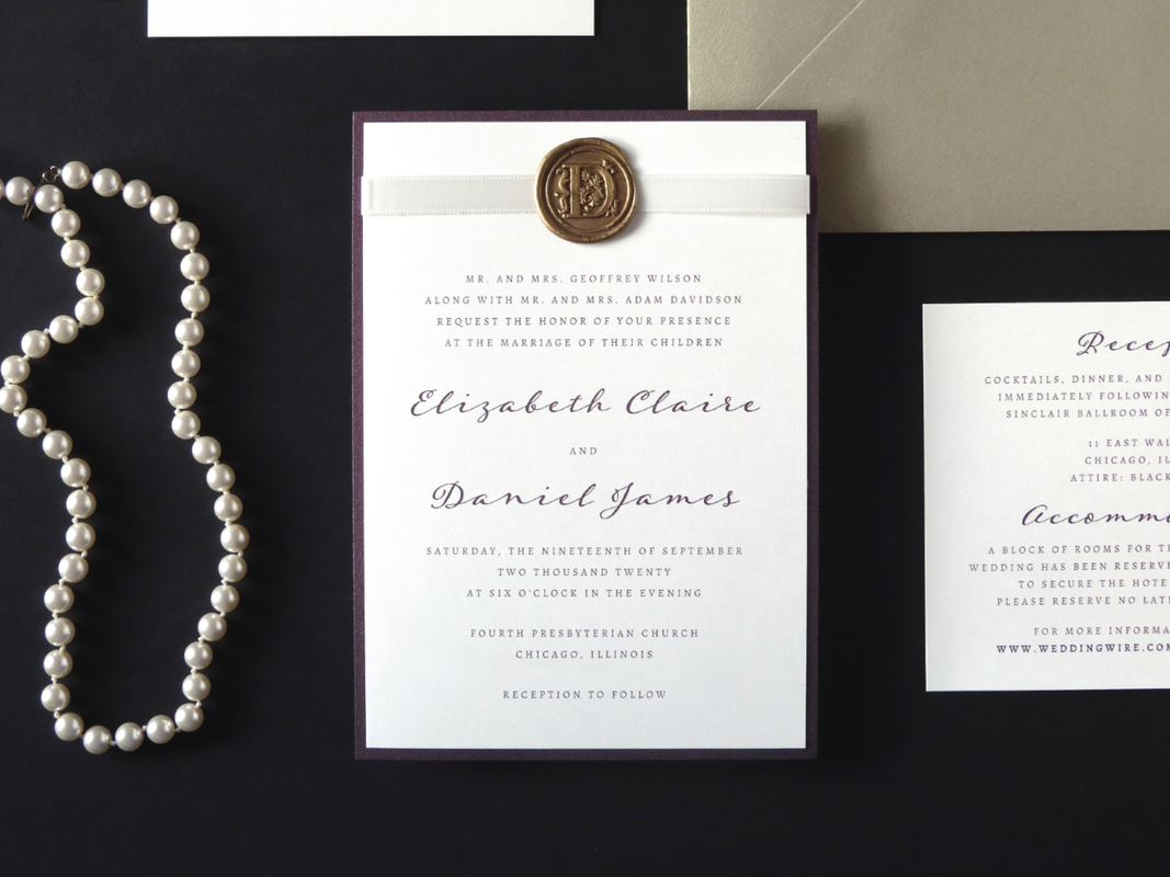 ELEGANT AND FORMAL WAX SEAL WEDDING INVITATION IN IVORY, GOLD, AND MERLOT METALLIC WITH RIBBON AND WAX SEAL EMBELLISHMENT