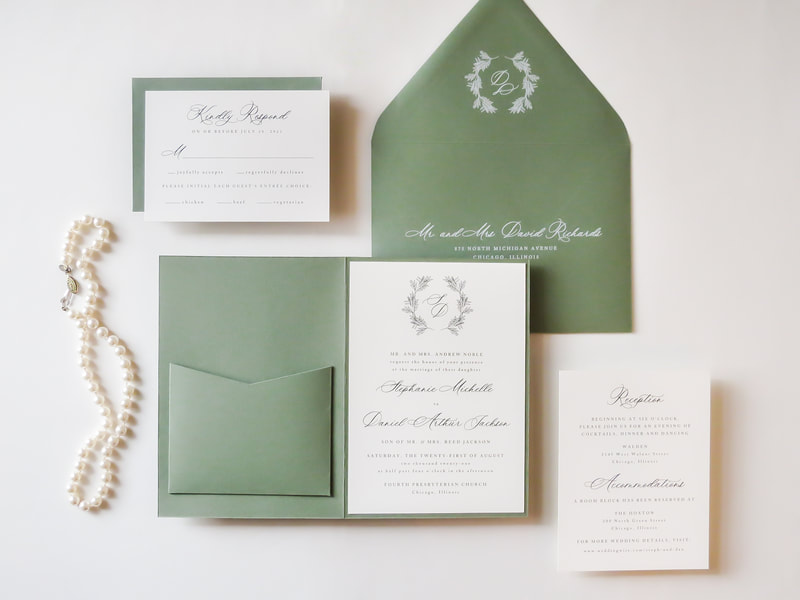Elegant & Formal Romantic Wedding Invitation with Folding Pocket - Eucalyptus, Sage, Rustic, Botanic Green - Monogram Wreath Crest - Romantic Calligraphy Style Script - White Printing on Envelopes