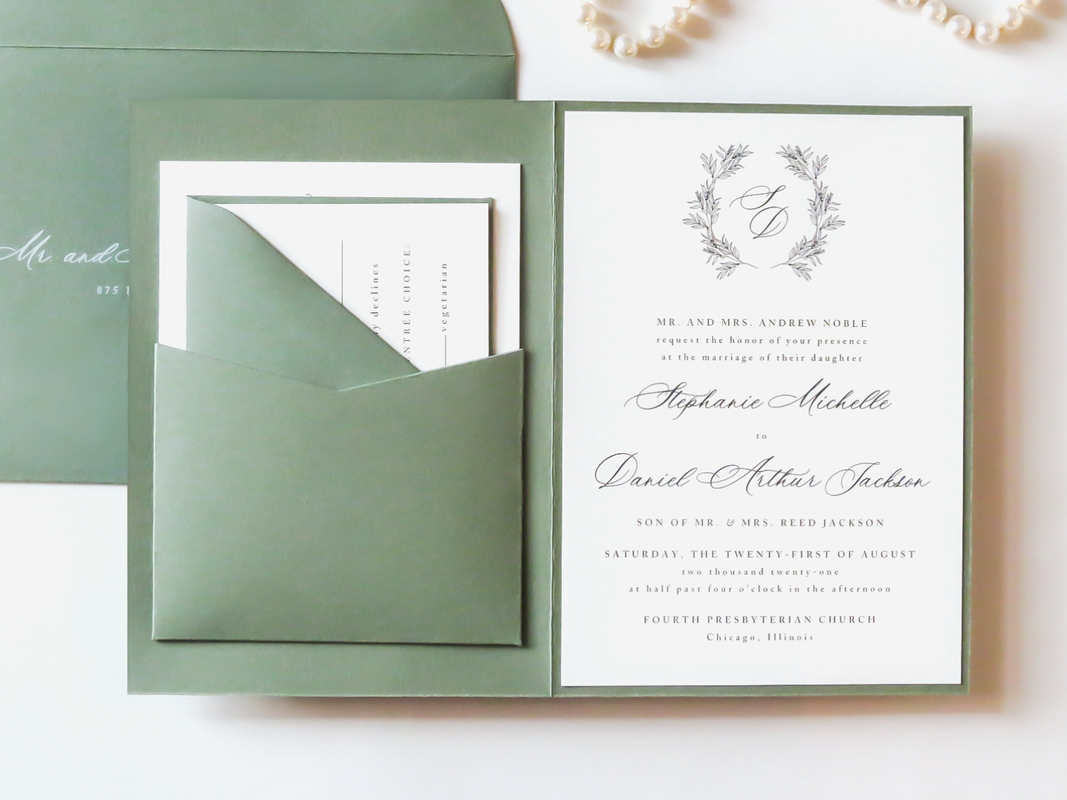 Elegant Formal Wedding Invitation Folding with Pocket Wreath Monogram Crest - Romantic Calligraphy Script - Green Foliage Green Ivory