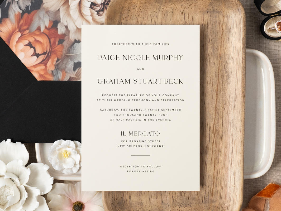 PictureElegant and Classic Formal Wedding Invitation with Modern Font and Bold Floral Envelope Liner - Black, Ivory, and Beige