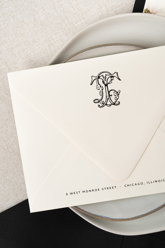 Elegant & Formal Wedding Invitation with Antique Monogram Crest, Magnolia Floral Envelope Liner, and Wax Seal - Inner and Outer Envelope - Black and Ivory