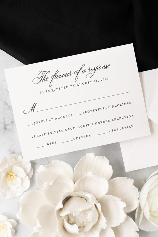 elegant & formal wedding invitation with black velvet bow tie belly band and black velvet envelope liner - black and white linen invitation