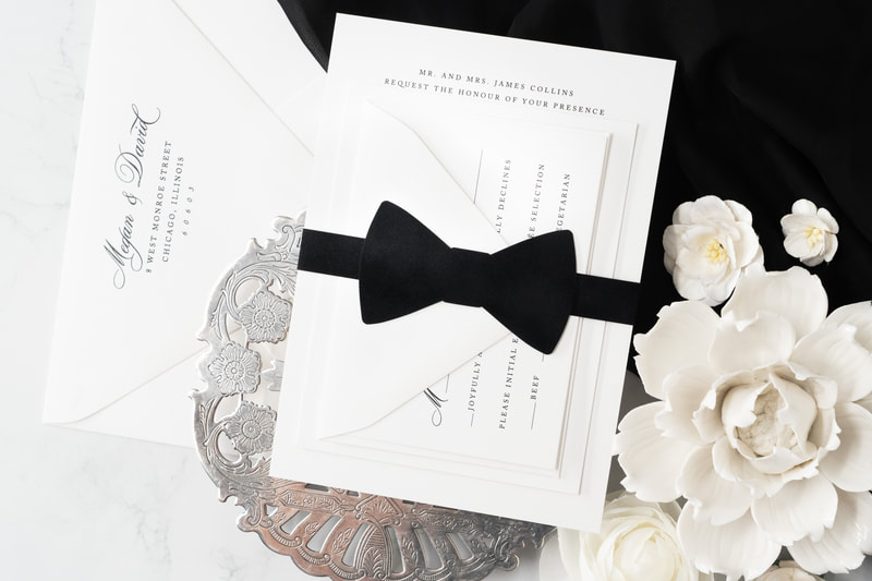 elegant & formal wedding invitation with black velvet bow tie belly band and black velvet envelope liner - black and white linen invitation
