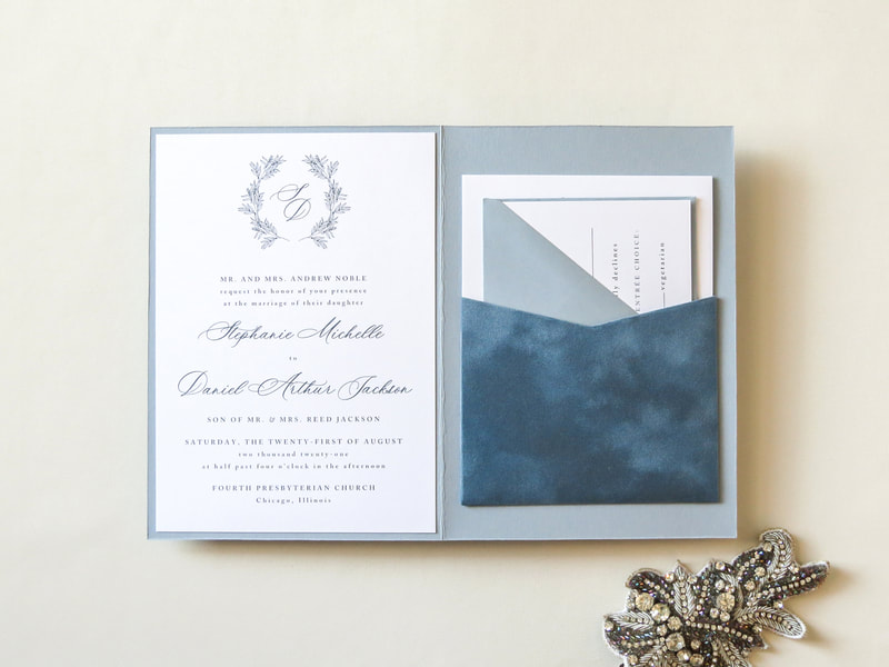 Elegant Romantic Formal Wedding Invitation Folding Velvet Pocket - Dusty French Blue White Wreath Monogram Crest - Romantic Calligraphy Invite