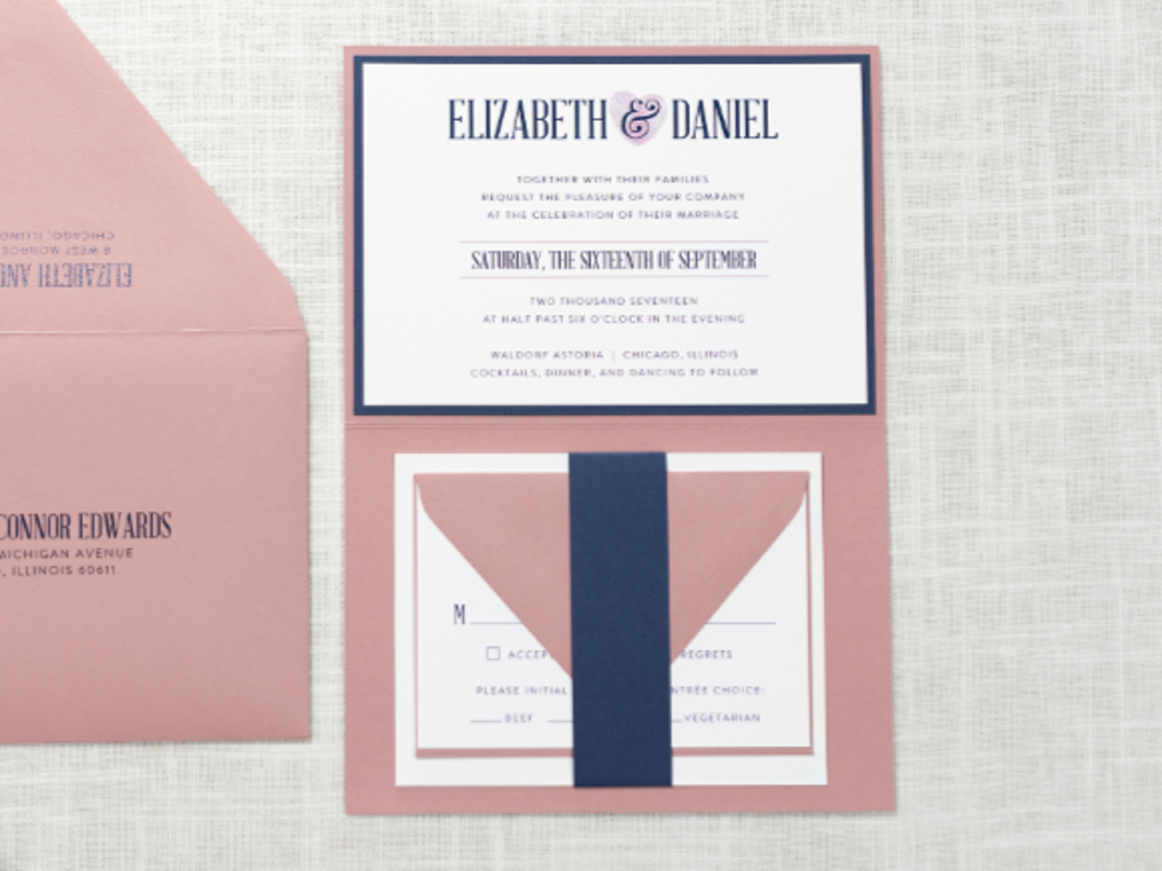 ELEGANT, MODERN, AND FORMAL LAYERED FOLDING WEDDING INVITATION WITH THUMBPRINT HEART MONOGRAM DESIGN IN WHITE, DUSTY ROSE, AND NAVY BLUE WITH BELLY BAND