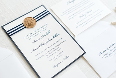 classic nautical wedding invitation with navy blue stripe ribbon and gold compass wax seal -
 white, navy blue, and gold - chicago wedding invitations