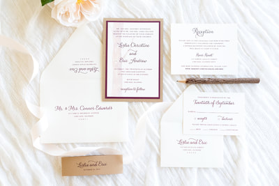 wood grain wedding invitation layered with ivory and burgundy - rustic, barn, wood, country, garden wedding