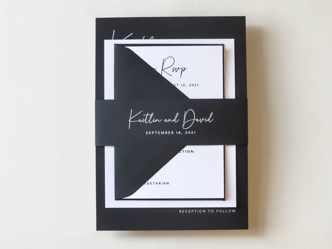 Modern Black and White Elegant Wedding Invitation Belly Band White Ink Printing on Black - Classic Simple Minimalist