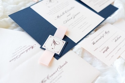 elegant & formal layered gatefold wedding invitation in navy blue, blush shimmer with a satin ribbon belly band and monogram square - chicago wedding invitations