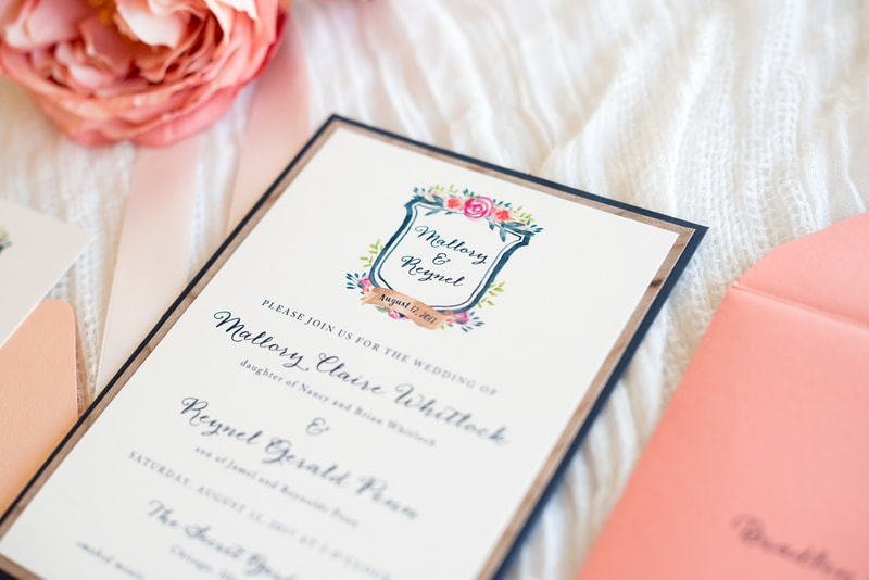 real cherry wood wedding invitation layered with ivory, navy blue, and coral with floral/botanical crest - bohemian, garden, rustic, barn, wood