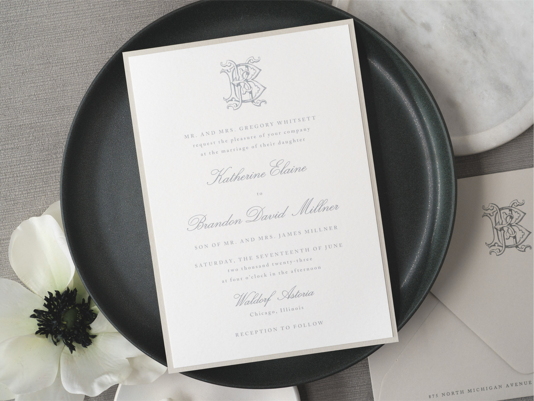 Elegant and Formal Layered Wedding Invitation with Vintage Monogram Crest in White, Pale Grey, Dove Grey