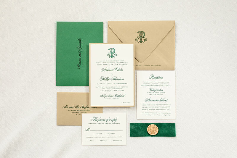 elegant & formal wedding invitation with velvet ribbon belly band and wax seal embellishment in gold shimmer, emerald / forest green, ivory with monogram crest