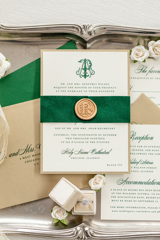 elegant & formal wedding invitation with velvet ribbon belly band and wax seal embellishment in gold shimmer, emerald / forest green, ivory with monogram crest