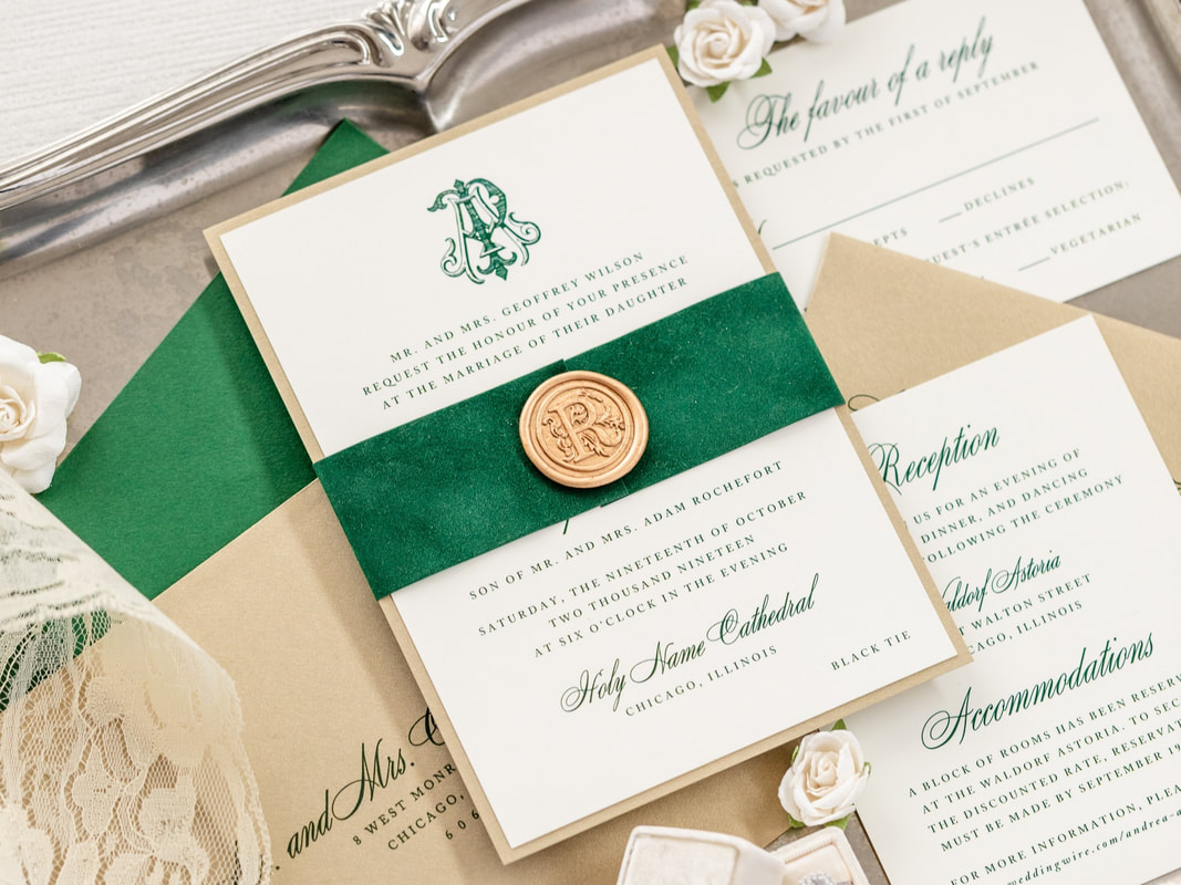 symphony-wedding invitation monogram crest wedding emerald-green-velvet-gold-wax-seal-gold-shimmer-wedding-invitation