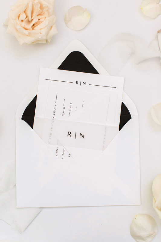 Walden Chicago Wedding Venue Collection Modern and Formal Black and White Wedding Invitation Design with Envelope Liner and Vellum Belly Band