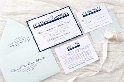 modern and elegant layered white, navy blue, and powder green / sage wedding invitation - chicago wedding invitations