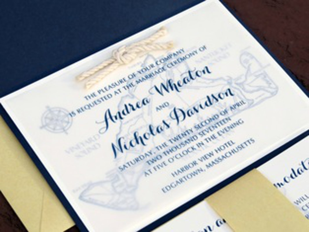 NAVY BLUE, GOLD SHIMMER, AND IVORY WEDDING INVITATION SET WITH A NAUTICAL KNOT AND MAP OF MARTHA'S VINEYARD