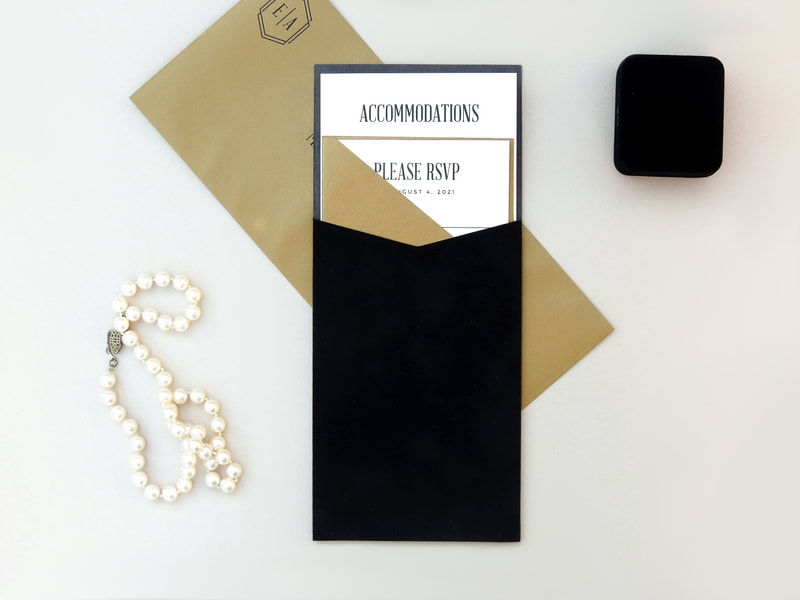 Art Deco Gatsby Wedding Invitation Black Velvet Pocket Invite Black Tie Wedding Modern Minimalist Monogram Long Narrow
