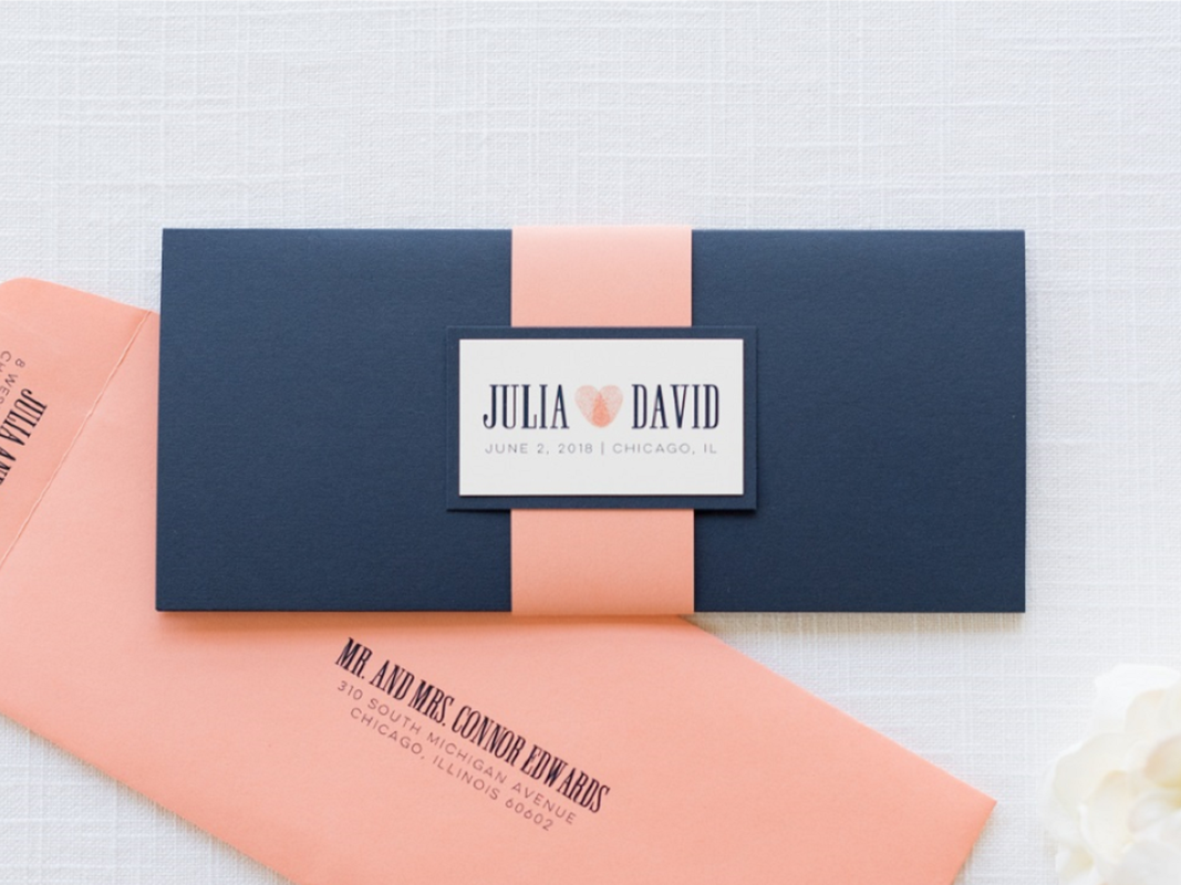 Modern and Elegant Rectangle Folding Wedding Invitation in Navy Blue, Coral, and Ivory with Thumbprint Heart Monogram Design and Belly Band