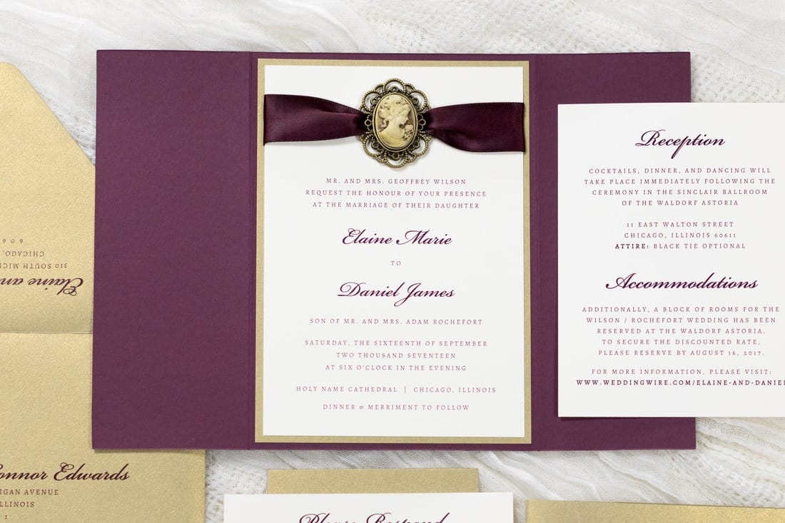 elegant and formal gatefold wedding invitation with vintage style cameo silhouette ribbon embellishment in ivory, gold leaf, and wine / burgundy