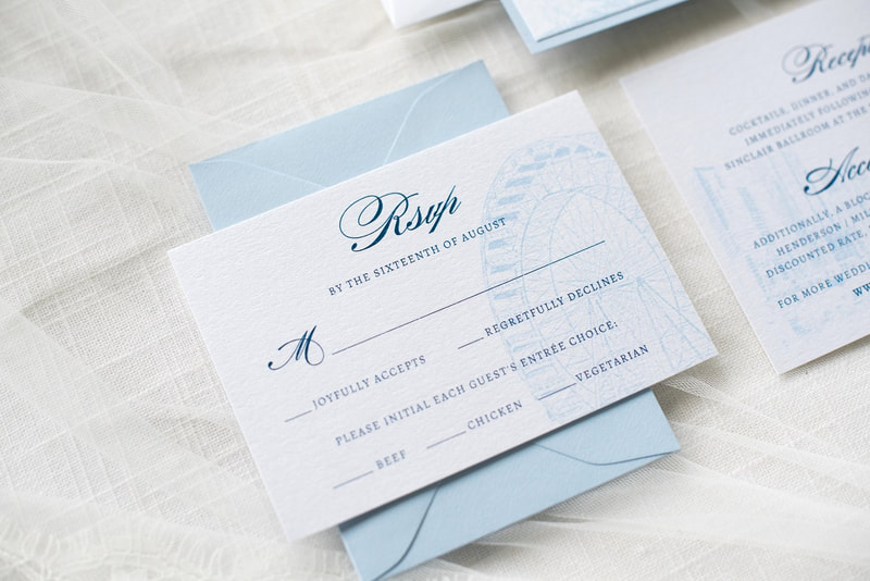 chicago skyline elegant and formal wedding invitation with chicago theatre theater sign pale dusty french blue white shimmer