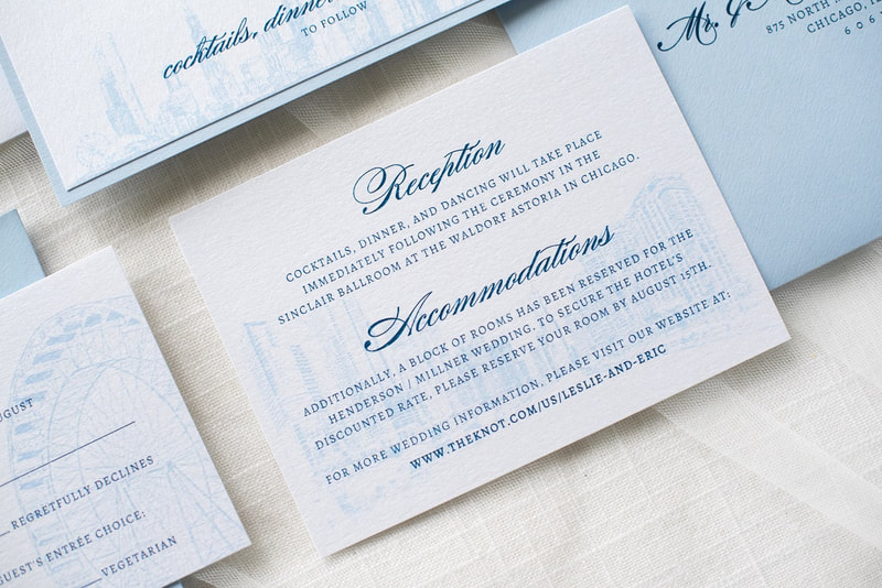 chicago skyline elegant and formal wedding invitation with chicago theatre theater sign pale dusty french blue white shimmer
