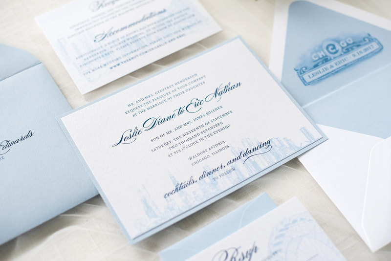 chicago skyline elegant and formal wedding invitation with chicago theatre theater sign pale dusty french blue white shimmer 