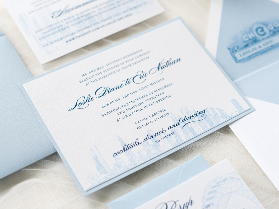 chicago skyline elegant and formal wedding invitation with chicago theatre marquee - pale blue, serenity blue, white, and quartz shimmer wedding invitation suite