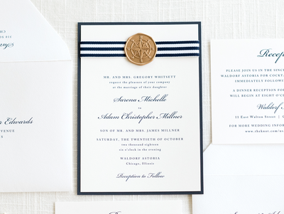 classic nautical wedding invitation with navy blue stripe ribbon and gold compass wax seal -
 white, navy blue, and gold - chicago wedding invitations