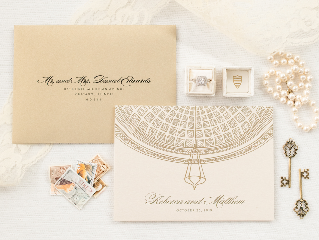 elegant & formal wedding invitation with chicago cultural center tiffany dome illustration in ivory, opal / champagne shimmer; gold foil and gold leaf shimmer