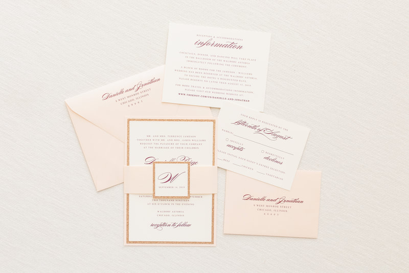 elegant and formal rose gold glitter, blush metallic shimmer, and ivory wedding invitation suite with belly band monogram square