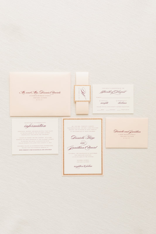 elegant and formal rose gold glitter, blush metallic shimmer, and ivory wedding invitation suite with belly band monogram square