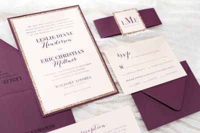 elegant, formal, and modern blush shimmer, rose gold glitter, and wine / burgundy wedding invitation with belly band and monogram square - chicago wedding invitations