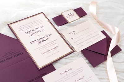 elegant, formal, and modern blush shimmer, rose gold glitter, and wine / burgundy wedding invitation with belly band and monogram square - chicago wedding invitations