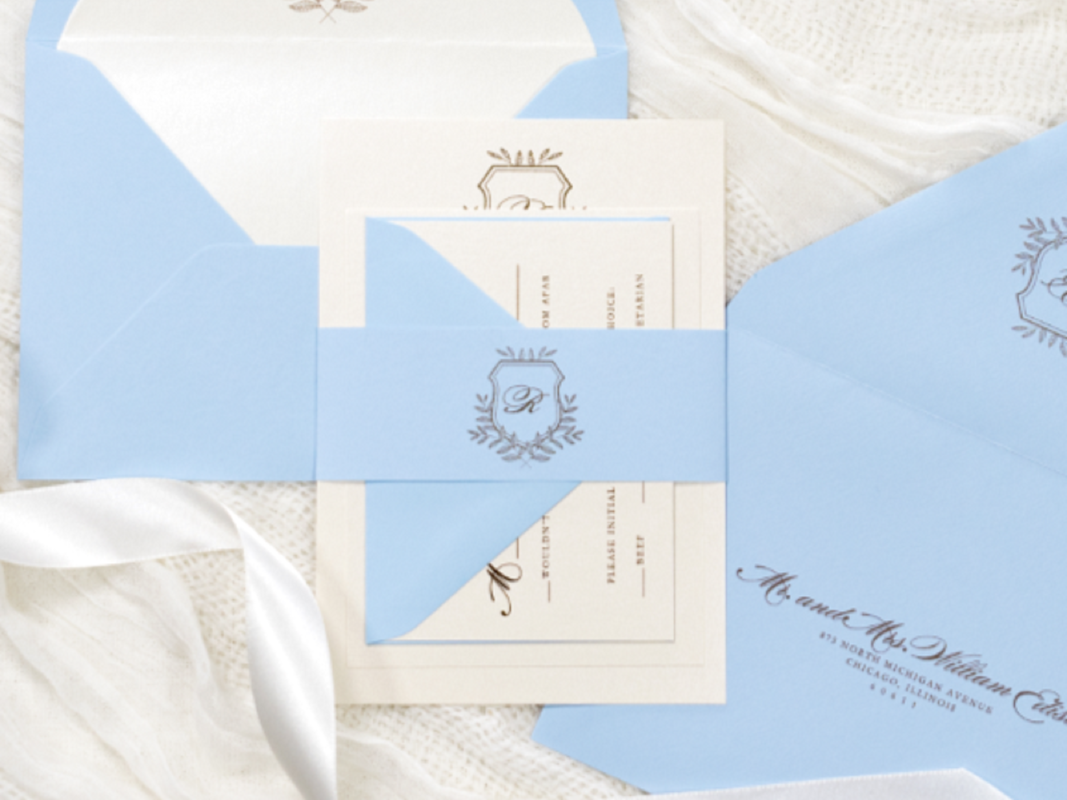 Elegant and Formal Wedding Invitation with Floral Foliage Branch Wedding Crest Monogram - Belly Band, Envelope Liner, and Inner Outer Envelope - Light Blue, Opal Champagne Shimmer