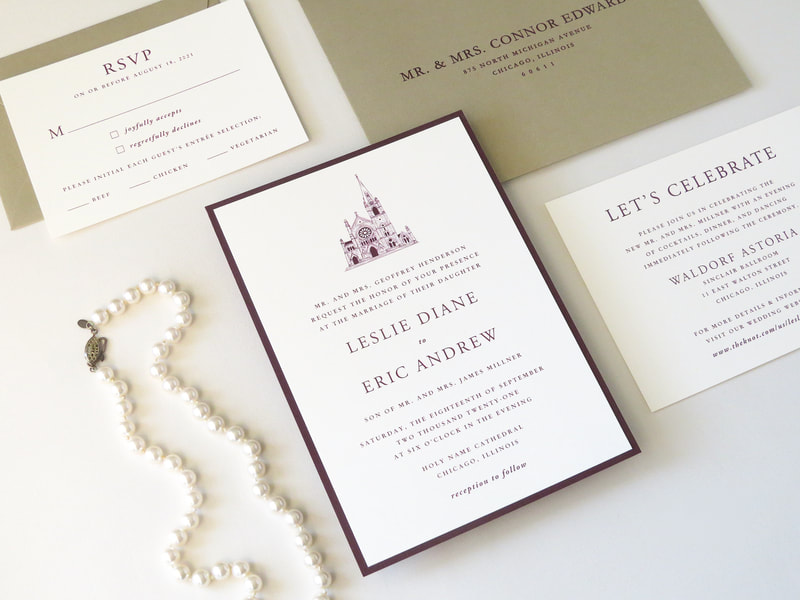 elegant and formal church illustration wedding invitation in ivory, gold, and wine / burgundy / maroon - holy name cathedral - chicago wedding invitations