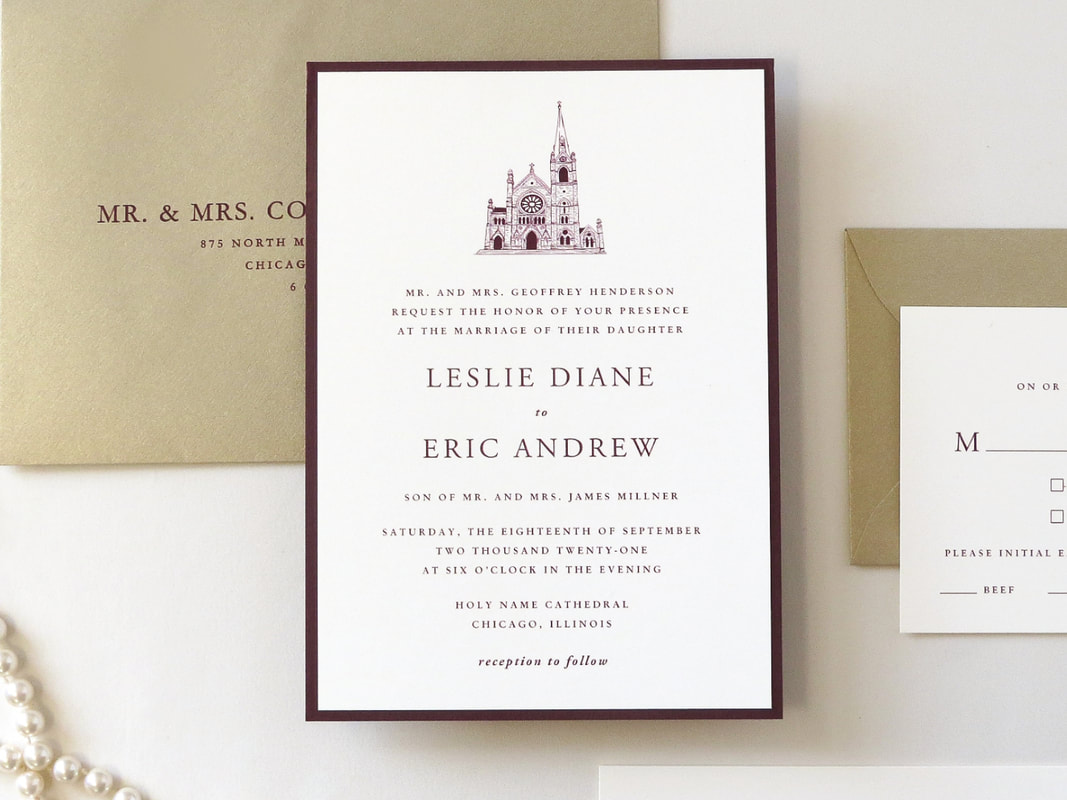 Holy Name Cathedral Chicago Elegant Formal Layered Wedding Invitation with Church Venue Illustration - Shown in Ivory, Burgundy Maroon, and Gold Leaf