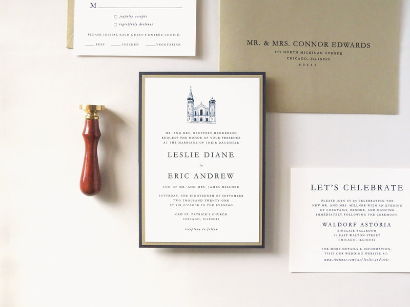 elegant and formal layered panel pocket wedding invitation with church illustration in ivory, gold, and navy blue - old st. patrick's church - chicago