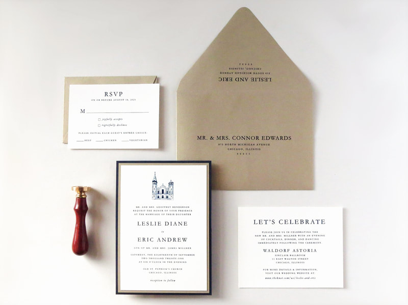elegant and formal layered panel pocket wedding invitation with church illustration in ivory, gold, and navy blue - old st. patrick's church - chicago