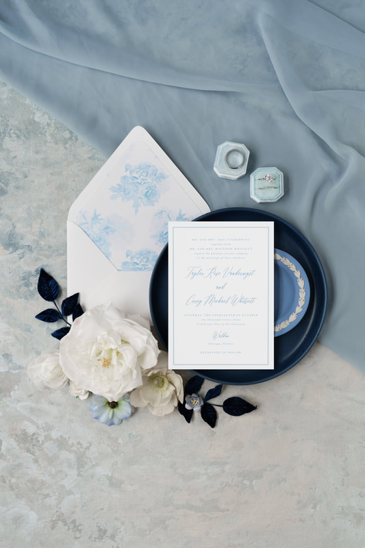 Elegant and Formal Wedding Invitation with Hydrangea Watercolor Envelope Liner - Botanical, Garden, Floral - White, Pale / Cool Blue